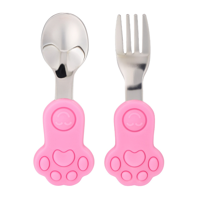 Set 2 Muỗng Nĩa Silicone 304 Tay Cầm Ngắn Bằng Inox 304 Tập Ăn Cho Bé