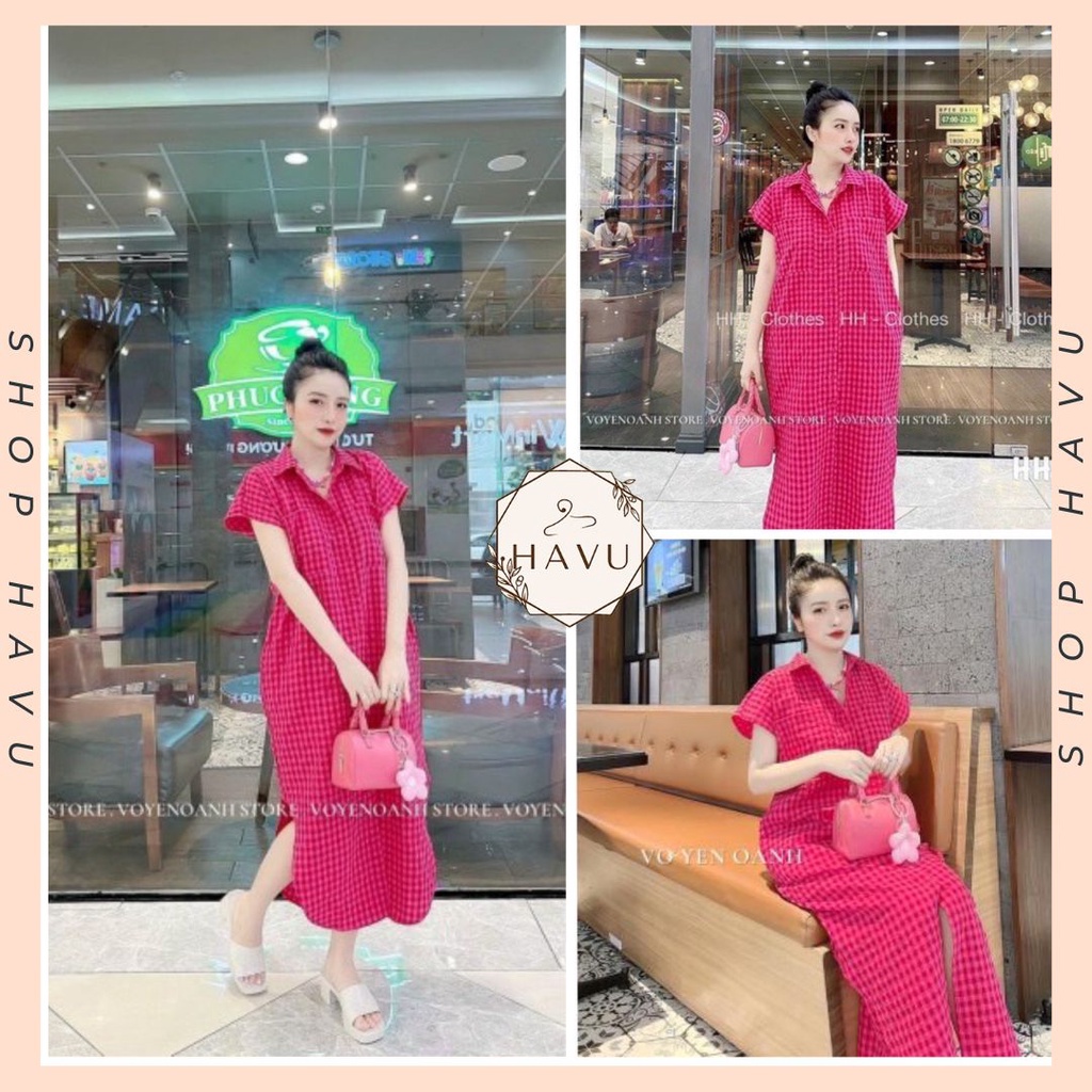Đầm sơ mi cộc tay vạt bầu kẻ caro hồng cá tính - Váy midi trơn suông cổ bẻ tay lỡ chất xốp, họa tiết ô vuông độc đáo