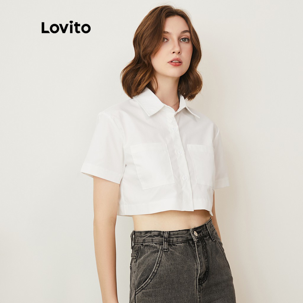 Lovito Áo cánh cắt cổ có túi trơn đơn giản L24AD028 (Trắng)