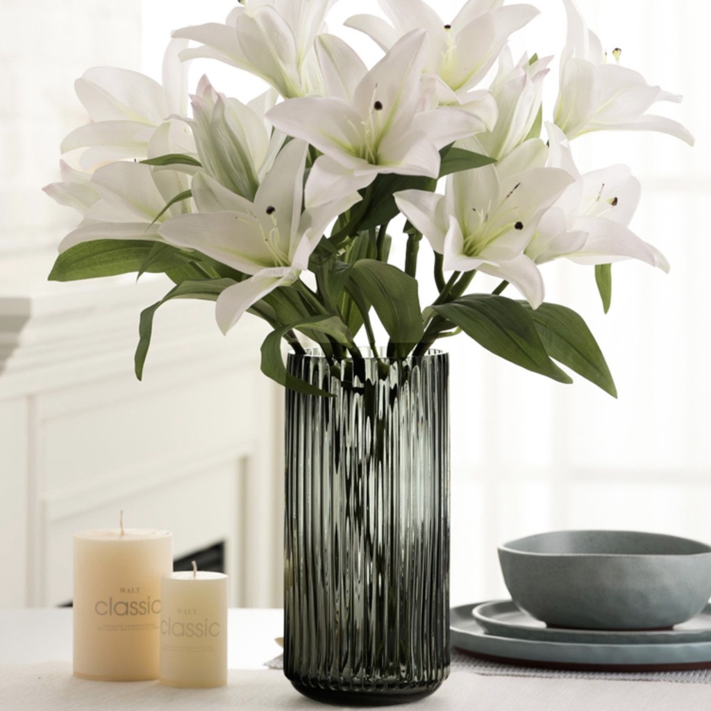 Lọ hoa thuỷ tinh decor trụ vân sọc Qhouse , bình hoa trang trí phòng khách để bàn làm việc độc đáo cao cấp