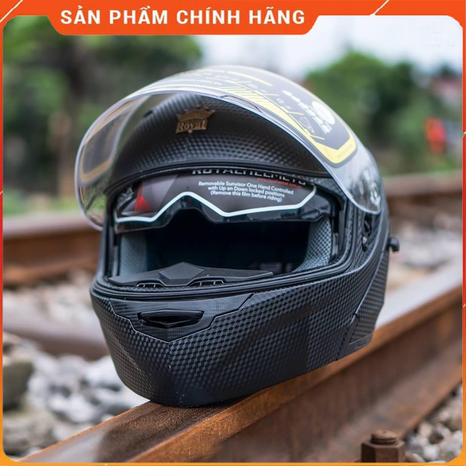 Mũ bảo hiểm Fullface Lật hàm 2 kính Royal M179 đen nhám vân Carbon - ASA HELMETS