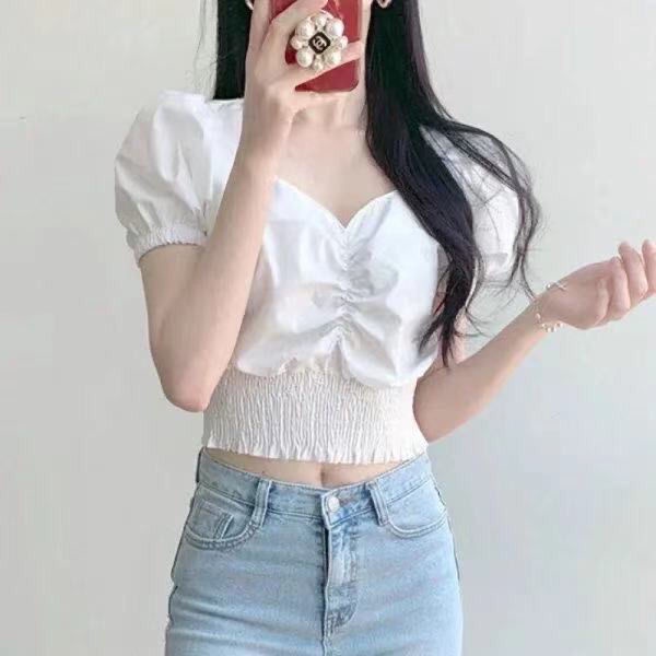 Áo Sơ Mi Tay Phồng Cổ Chữ V Phong Cách Hàn Quốc Mẫu Mới