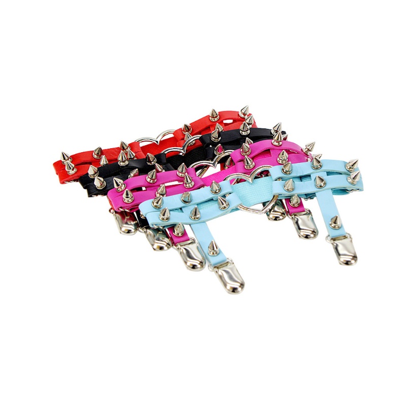 Kẹp tất dạng đai bằng da nhân tạo phối đinh tán hình trái tim kiểu gothic punk có thể điều chỉnh chống trượt cho nữ