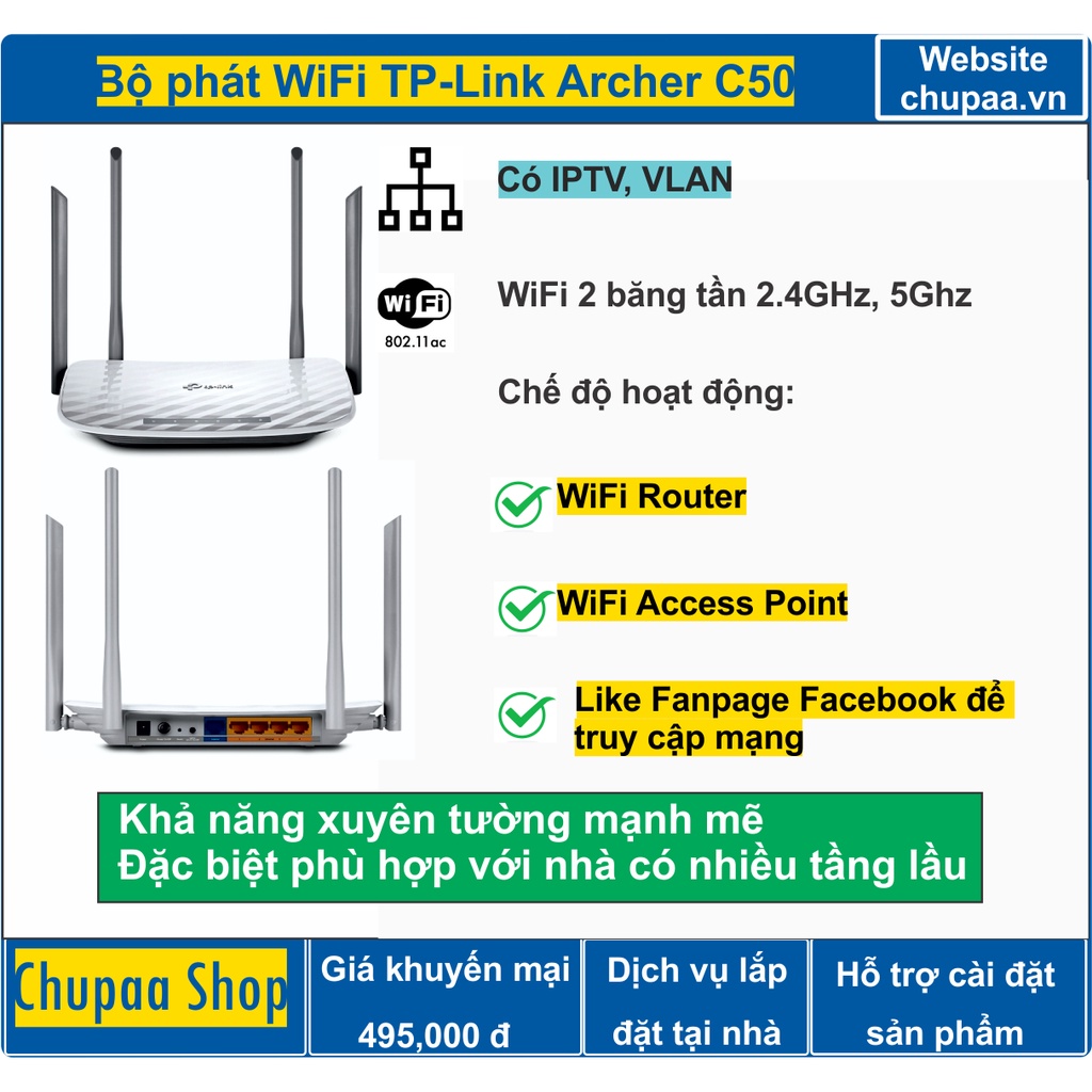 Router Wifi Băng Tần Kép AC1200 TP-Link Archer C50 - Hàng Chính Hãng