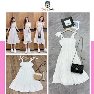 Váy 2 dây, đầm suông hai dây buộc nơ hở vai dáng tiểu thư chất thô đũi xinh xắn - CUTEZOO