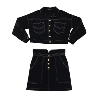 Set áo jacket bò + chân váy siêu xinh