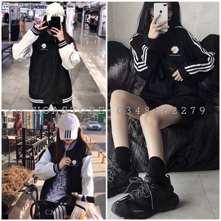 ÁO KHOÁC DAISY RAGLAN THÊU CHỮ ĐEN UNISEX - ÁO GIÓ DÙ DÁNG BOMBER HOA CÚC PEACEMINUSONE ĐEN TRẮNG