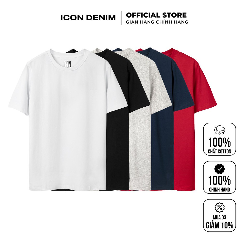 Áo Thun Nam Cổ Tròn ICON DENIM 5 Màu Trơn Basic Phom Suông Unisex - Dòng Vải Mới Cotton Lụa Co Giãn 4 Chiều