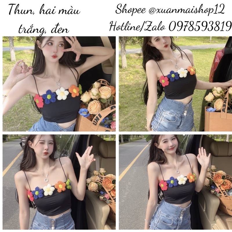 Áo croptop 2 dây đen trắng đính bông hoa len nhiều màu sắc