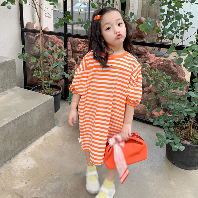 Đầm Công Chúa Mùa Hè Tay Ngắn Cổ Tròn Sọc In Họa Tiết Cho Bé Gái Se7En