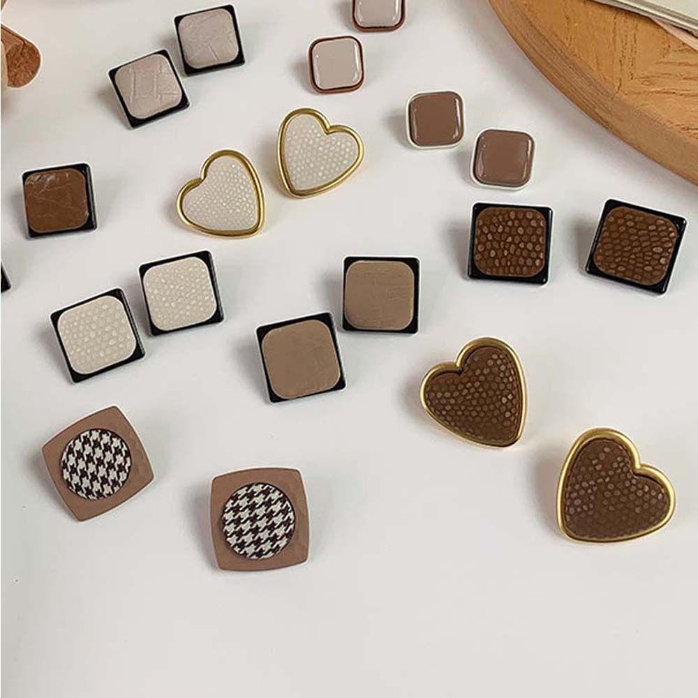 Bông Tai VANES1 Nâu Cà Phê Đen Nâu 925|Bông Tai Hình Học / Vuông / Tròn Họa Tiết Trái Tim Xinh Xắn Thời Trang Cho Nữ