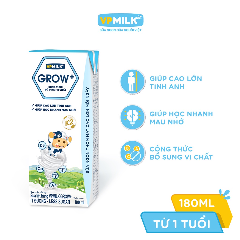 Sữa Tiệt Trùng VPMilk Grow+ Ít Đường hộp 180ml (thùng 48 hộp)