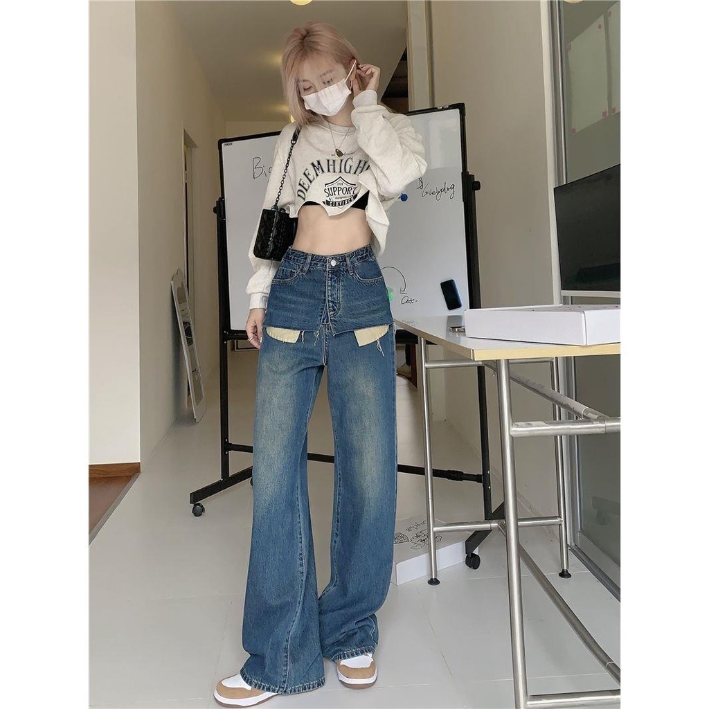 Quần jean ống rộng lưng cao giả hai lớp phong cách đường phố thời trang cho nữ
