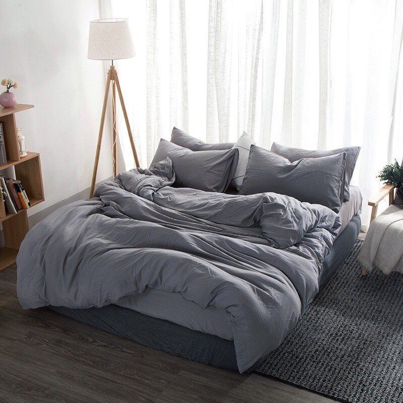 Bộ vỏ chăn ga gối cotton đũi Lidaco cao cấp - Xám nhạt FSD