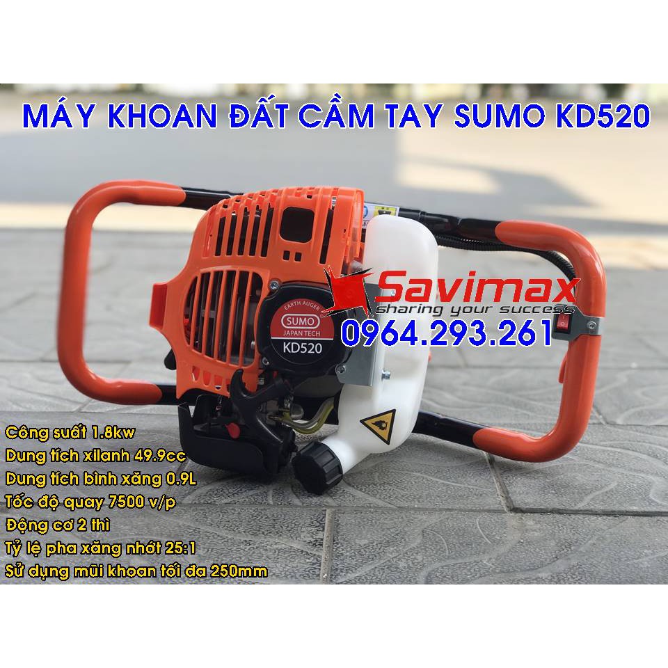 Máy khoan đất giá rẻ SUMO KD520 chạy động cơ xăng 2 thì công nghệ Nhật Bản + tặng kèm mũi khoan đất 100/800