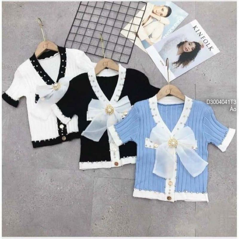 Áo len croptop nơ trắng ngực kết hạt phối viền cổ tim tay ngắn hàng Quảng Châu 3004