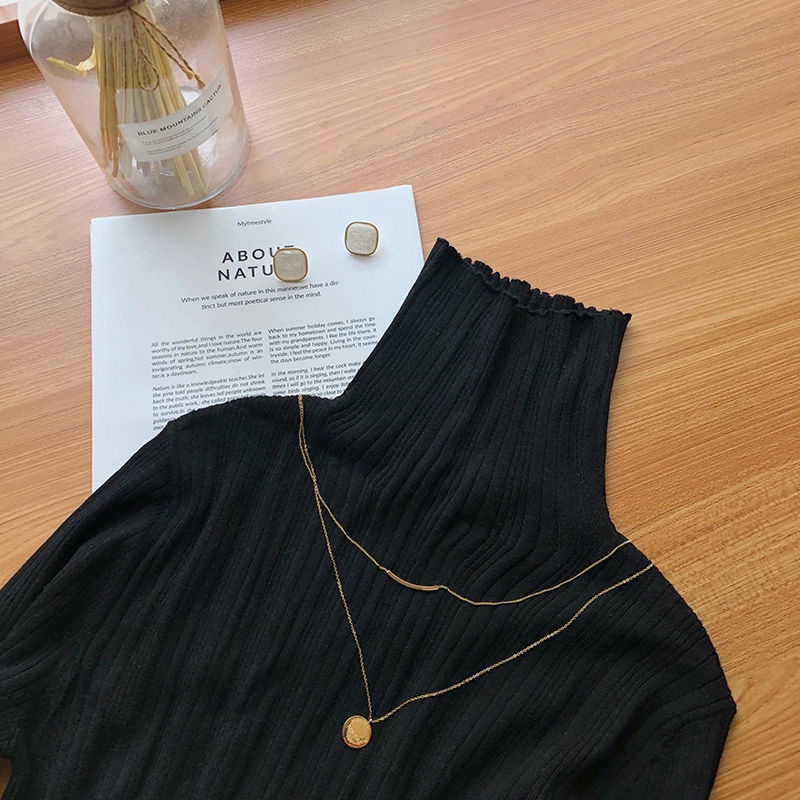 Áo dệt kim tay dài dáng ôm cổ lọ thời trang dễ phối đồ