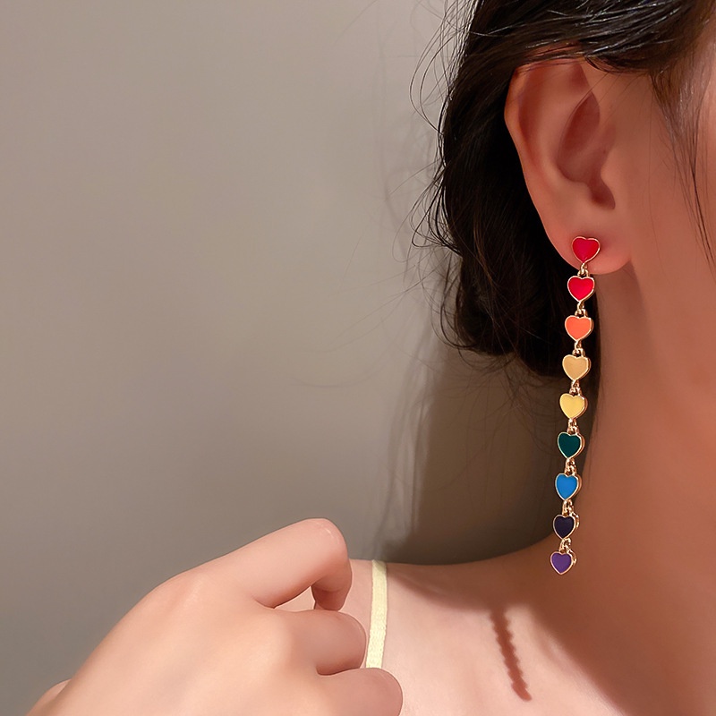Bông Tai Dáng Dài Hình Trái Tim Nhiều Màu Thời Trang Phong Cách Hàn Quốc