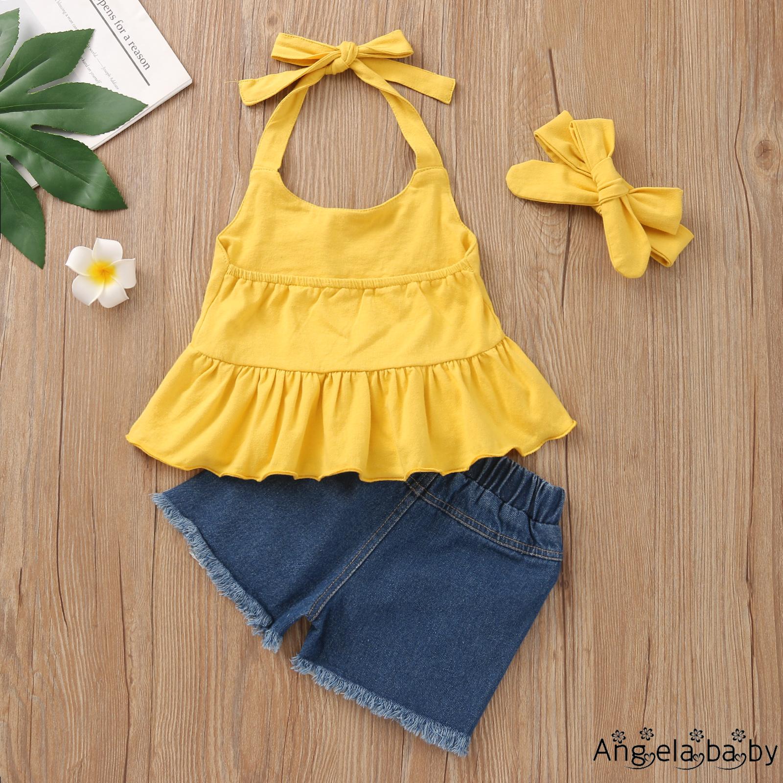 Set Áo Yếm + Quần Short Jean + Băng Đô Thời Trang Cho Bé Gái