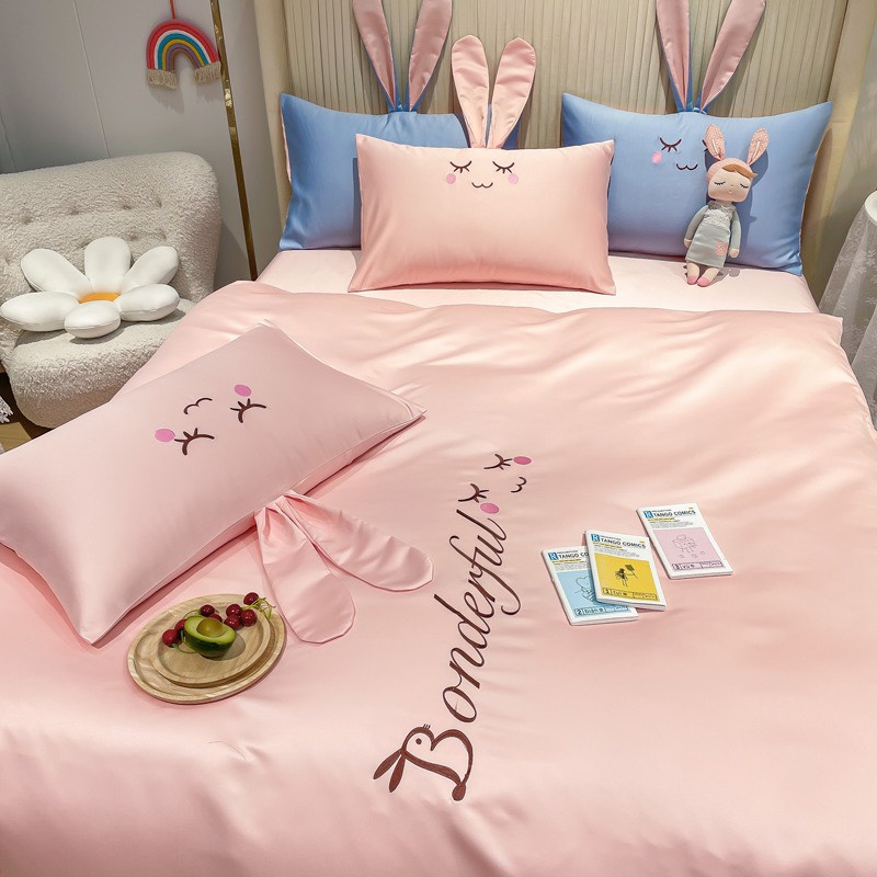 Bộ chăn ga gối lụa tai thỏ, chất liệu phi lụa mềm mịn thoáng mát nhập khẩu mẫu mới nhất 2022