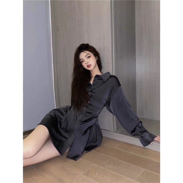 Váy sơmi dài tay eo cao QINNI sơmi dài tay phong cách