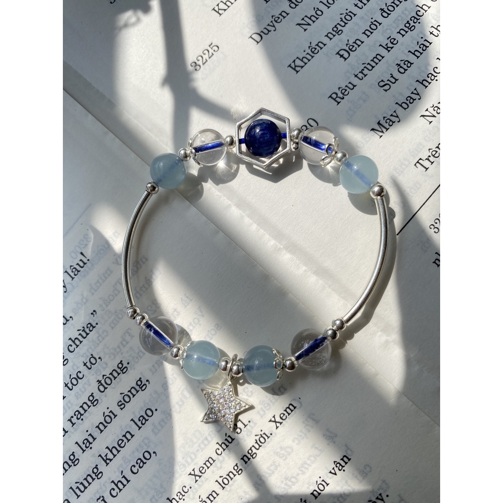 Vòng Phong Thủy mệnh Kim - Thủy. Đ.á Aquamarine kết hợp đ.á Mặt Trăng mix charm Trăng - Sao