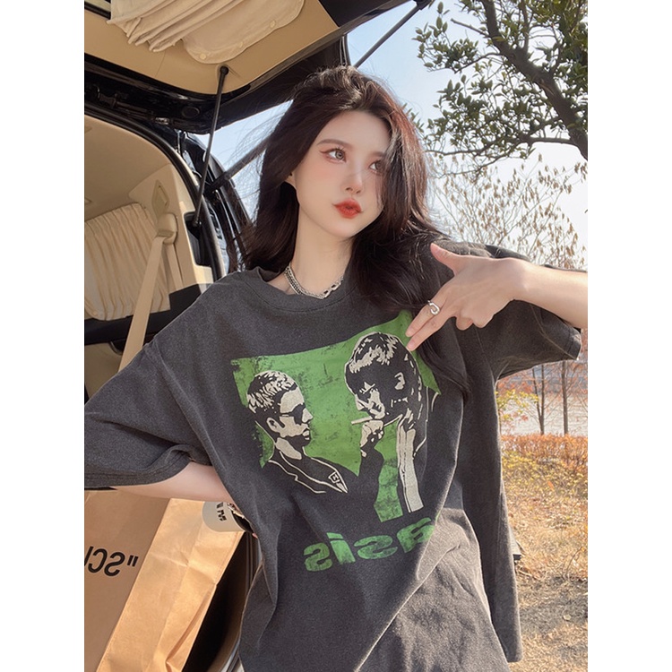 Áo Thun Ngắn Tay Cổ Tròn Dáng Rộng Thời Trang Retro Mỹ Cá Tính Cho Nữ