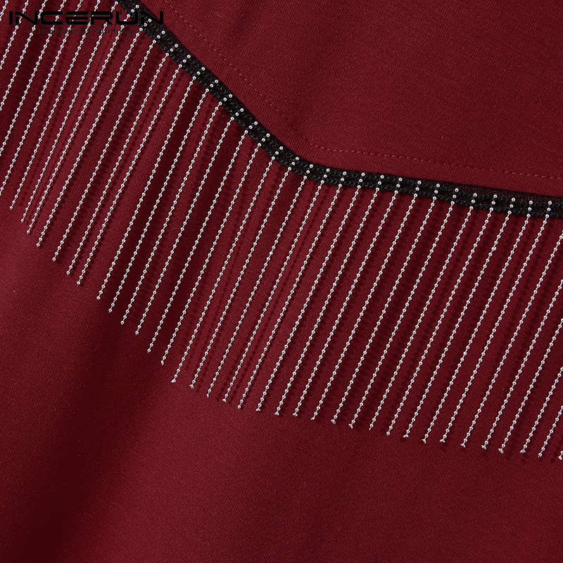 Áo thun INCERUN ngắn tay cổ tròn phối tua rua 3 màu tùy chọn phong cách thời trang cho nam