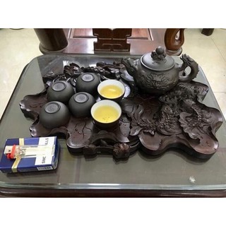 Khay trà sen cá gỗ gụ