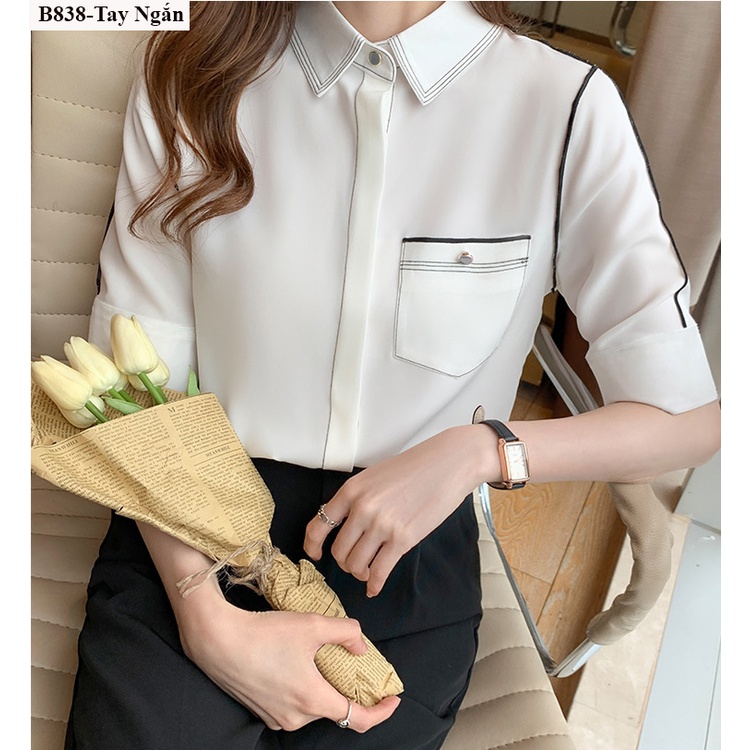Áo Sơ Mi nữ trắng chất lụa ý dày dặn áo kiểu hàn quốc đẹp sang trọng viền phối túi LAMO-B838