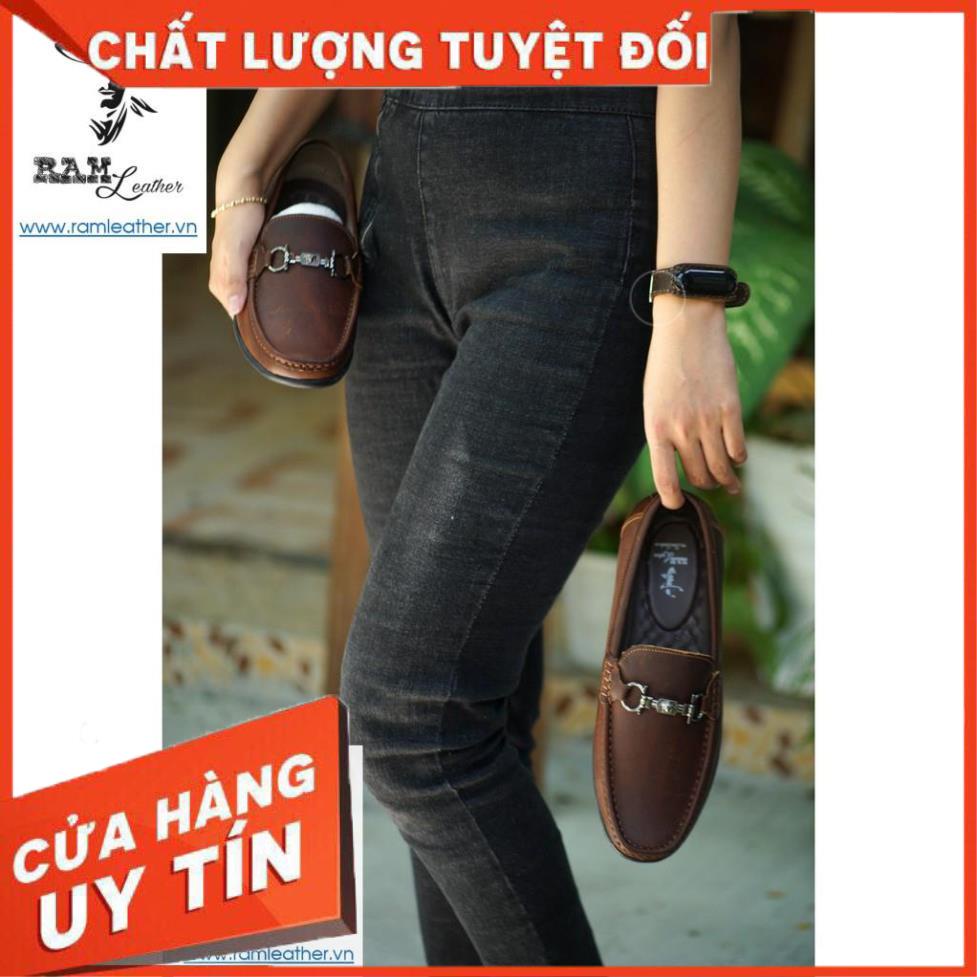 GIÀY LƯỜI RAM HỌA TIẾT DA BÒ THẬT NÂU ĐẤT-CHÍNH HÃNG RAM LEATHER +