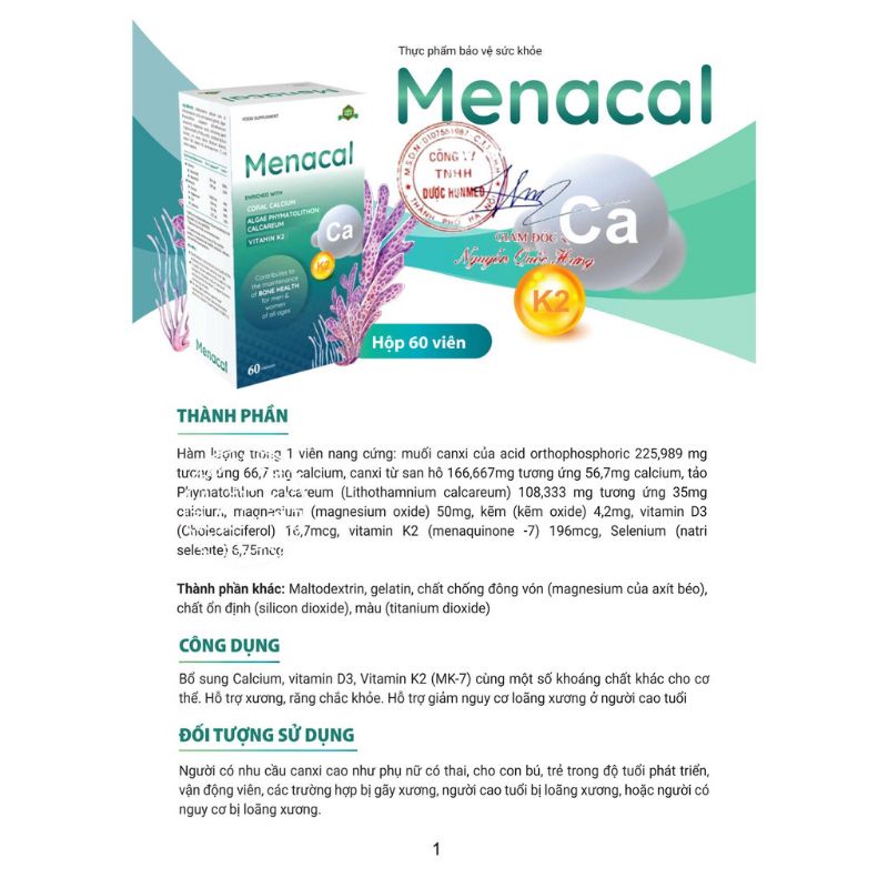 Menacal - Canxi hữu cơ, tự nhiên từ tảo biển cho bà bầu (hộp 60 viên)