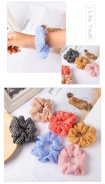Chun cột tóc Scrunchies caro voan nhiều mầu