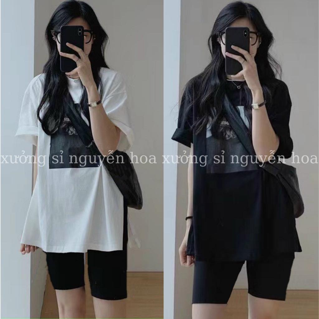 Sét bộ áo thun in chữ Jin Sander tay lỡ form dáng rộng kèm quần ngố legging ôm 2 màu trắng đen Xưởng Sỉ Nguyễn Hoa
