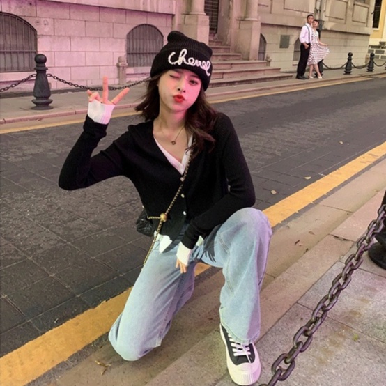 Áo len ZHELIHANGFEI tay dài cổ chữ V giả hai lớp thời trang dễ phối đồ