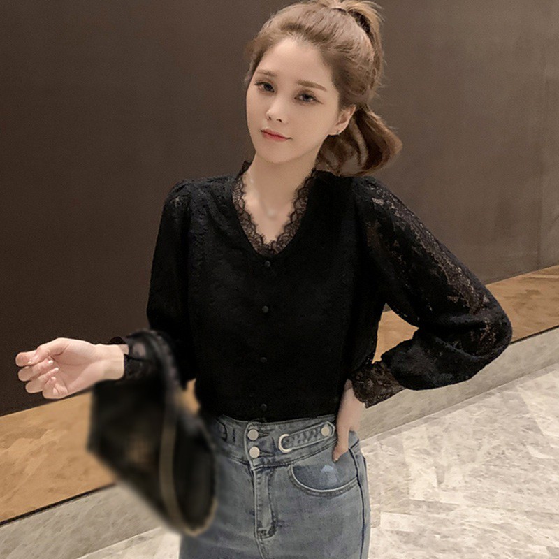Áo Kiểu Tay Dài Phối Ren Hoa Thiết Kế Cổ Chữ V Nữ Tính