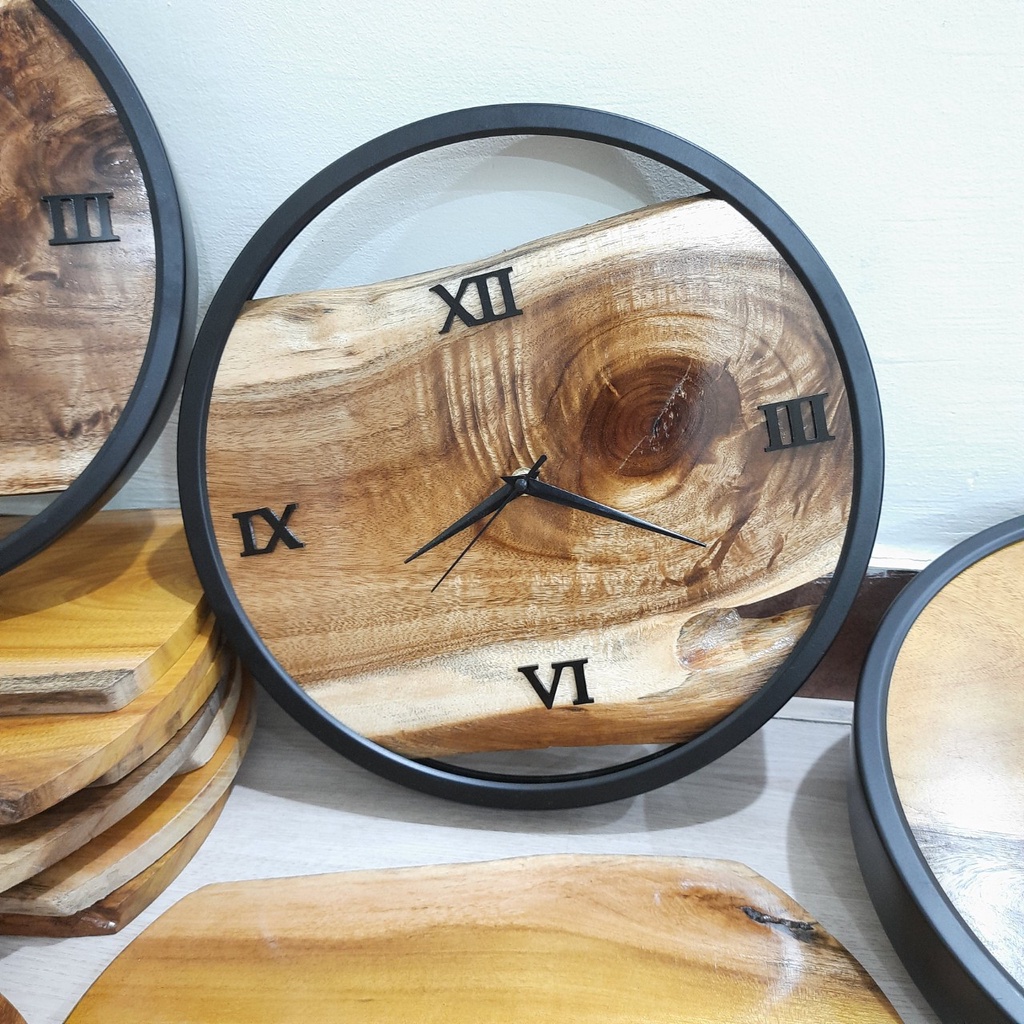Đồng hồ treo tường gỗ viền kim loại phong cách cổ điển sang trọng [Tặng kèm pin+ đinh treo]