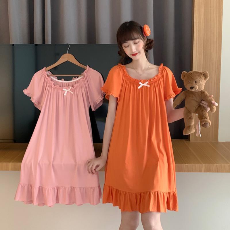 Đầm Ngủ Màu Sắc Trơn Đính Nơ Xinh Xắn Thời Trang Mùa Hè Hàn Quốc Cho Nữ