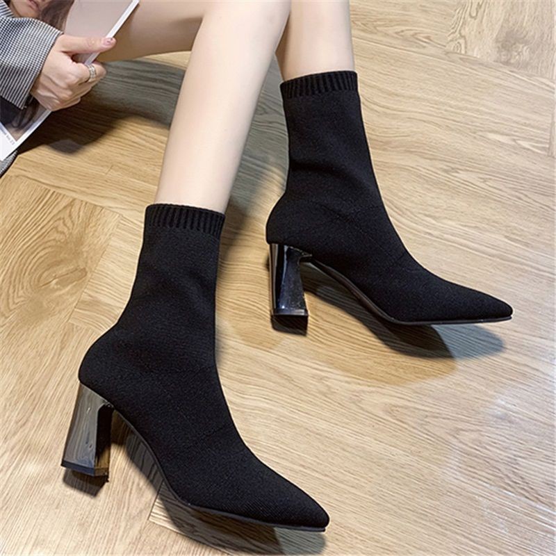 NEW Sale#Giày bốt ngắn phụ nữ mùa xuân và thu dày với đàn hồi mũi nhọn đan bít tất ủng cao gót đơn . ! :