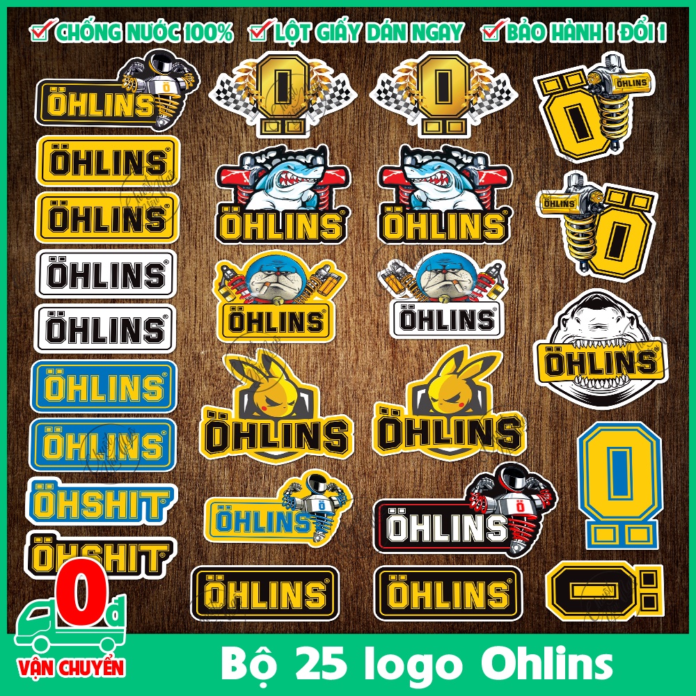 Combo 25 hình tem dán decal chống nước logo OHLINS trang trí dán xe máy, nón bảo hiểm,...
