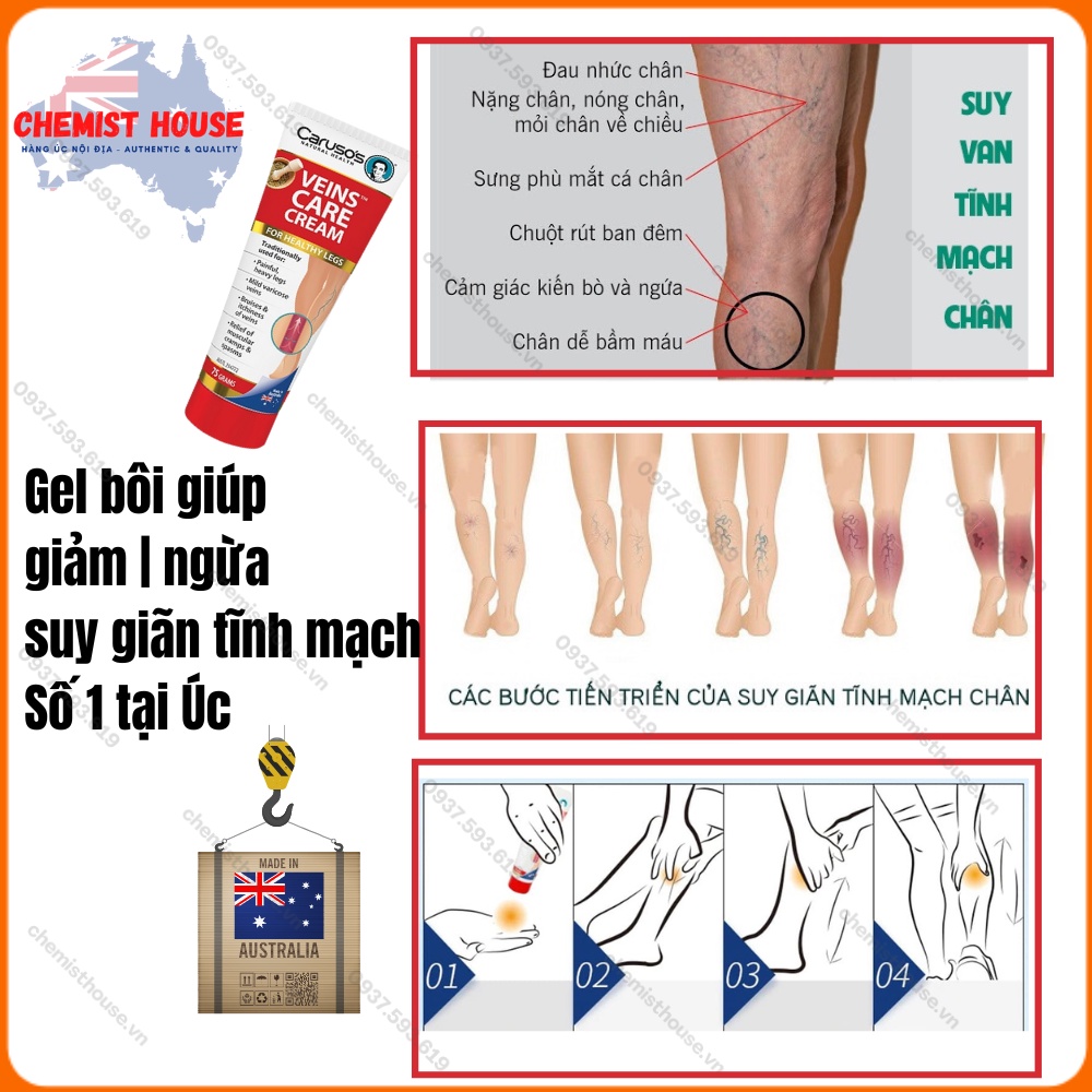 Caruso Úc - Kem bôi giúp giảm suy giản tĩnh mạch phù nề tê chân chuột rút Caruso's Veins Care Cream Úc 75g - chemisthous