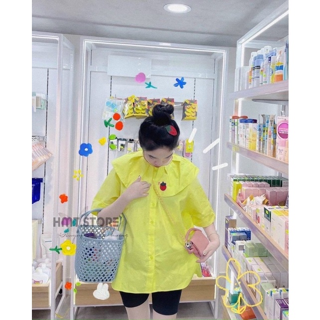 Set áo vàng thêu dâu + quần legging lửng