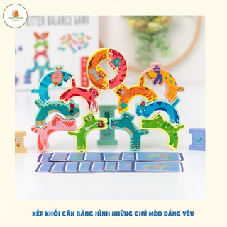 [CUTE] ĐỒ CHƠI XẾP HÌNH KHỐI CÂN BẰNG HÌNH CHÚ MÈO BẰNG GỖ ĐÁNG YÊU KÈM THẺ CÂU ĐỐ THEO CẤP ĐỘ