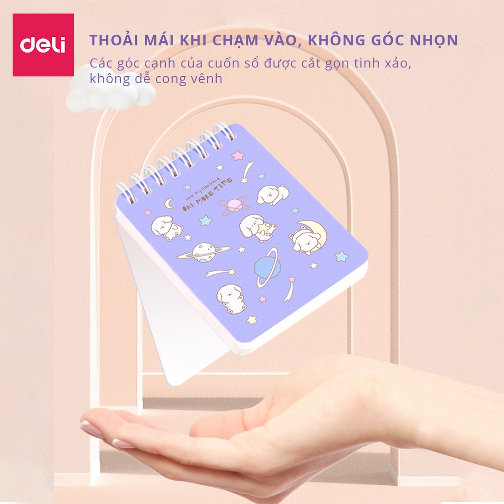 Sổ ghi chép gáy xoắn hình cún kẻ vuông 75x102mm 200 trang 70g Deli 1 quyển Nhiều màu sắc có thể xoay 360độ giấy ghi chú