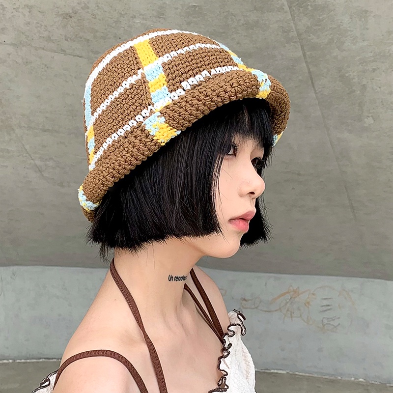 Mũ Bucket Dệt Kim Thủ Công Kẻ Sọc Ca Rô / Kẹo Ngọt Xinh Xắn Cho Nữ