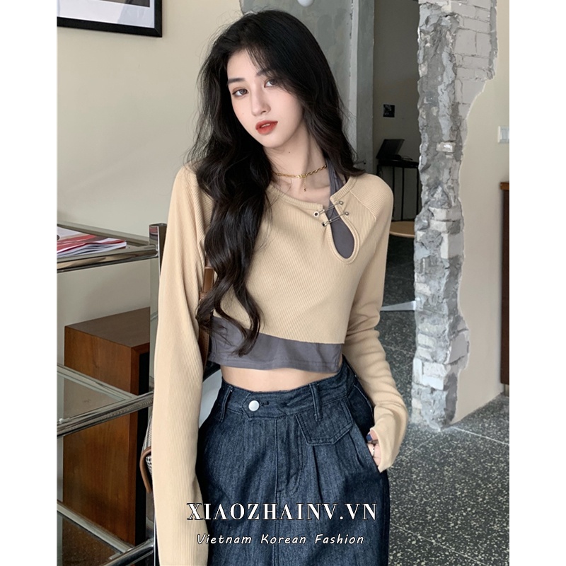 Xiaozhainv Áo Croptop Dài Tay/ Áo 3 Lỗ Ôm Dáng Gợi Cảm Dành Cho Nữ