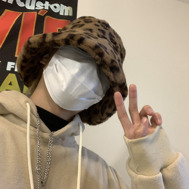 Mũ bucket lông dày dặn in họa tiết da báo/ngựa vằn phong cách mùa đông Hàn Quốc