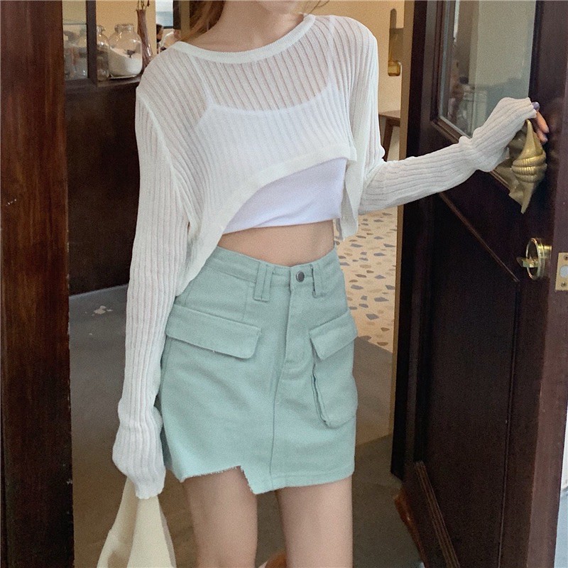 [Có sẵn+ảnh thật] Áo croptop mỏng dài tay croptop street style cá tính