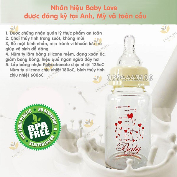 [FreeShip] Bình sữa thủy tinh Baby Love 120ml cổ hẹp vô trùng - chịu nhiệt | BL-01