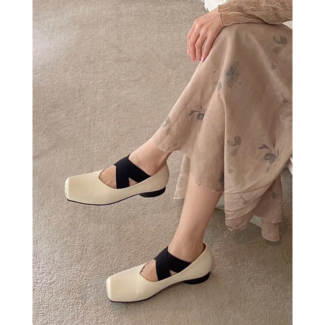 Giày bệt bale, mũi vuông nhún da, 2 quai chun chéo better - 250822002